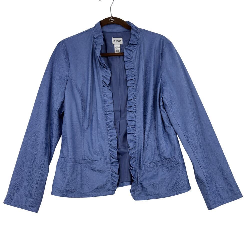 Chico's Blazer Jacket Size M Lilac Snake Open Ruffle Front‎ Micro Reptile Lined